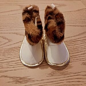 Little Me White and Gold Boots with Faux Fur